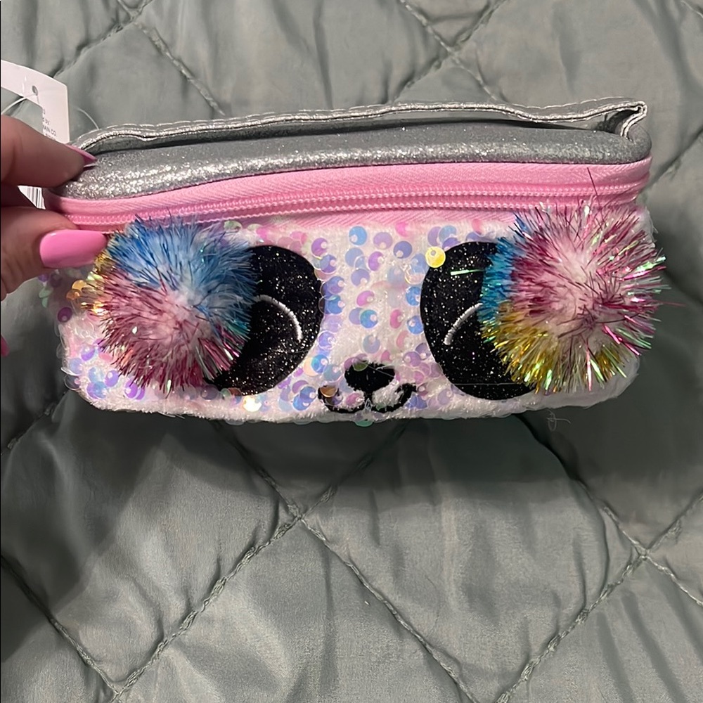 Sequin Panda Kids Pouch - Pink and Silver